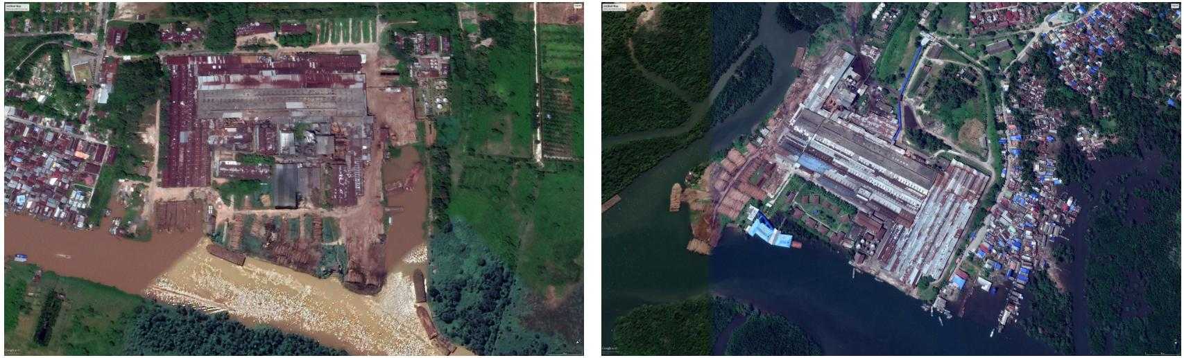 Satellite imagery of Korindo’s sawmills in Central Kalimantan (left) and East Kalimantan (right), both on the island of Borneo. Korindo is one of the largest plywood manufacturers in Indonesia, and in 2004 it accounted for an estimated 4% of global production.