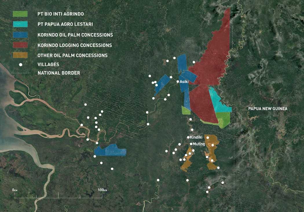 Map of oil palm plantations, logging concessions and villages in southern Papua.