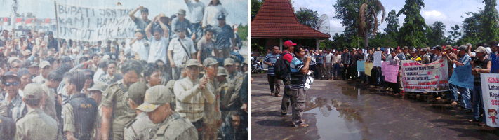 Protes terkait plasma di Kabupaten Seruyan, Kalimantan Tengah, pada 2011 (kiri) dan di Kabupaten Musi Rawas Utara, Sumatera Selatan, pada 2013 (kanan). Foto-foto (kiri ke kanan) dari Leo Plunkett/Earthsight, Kabar Sumatera.