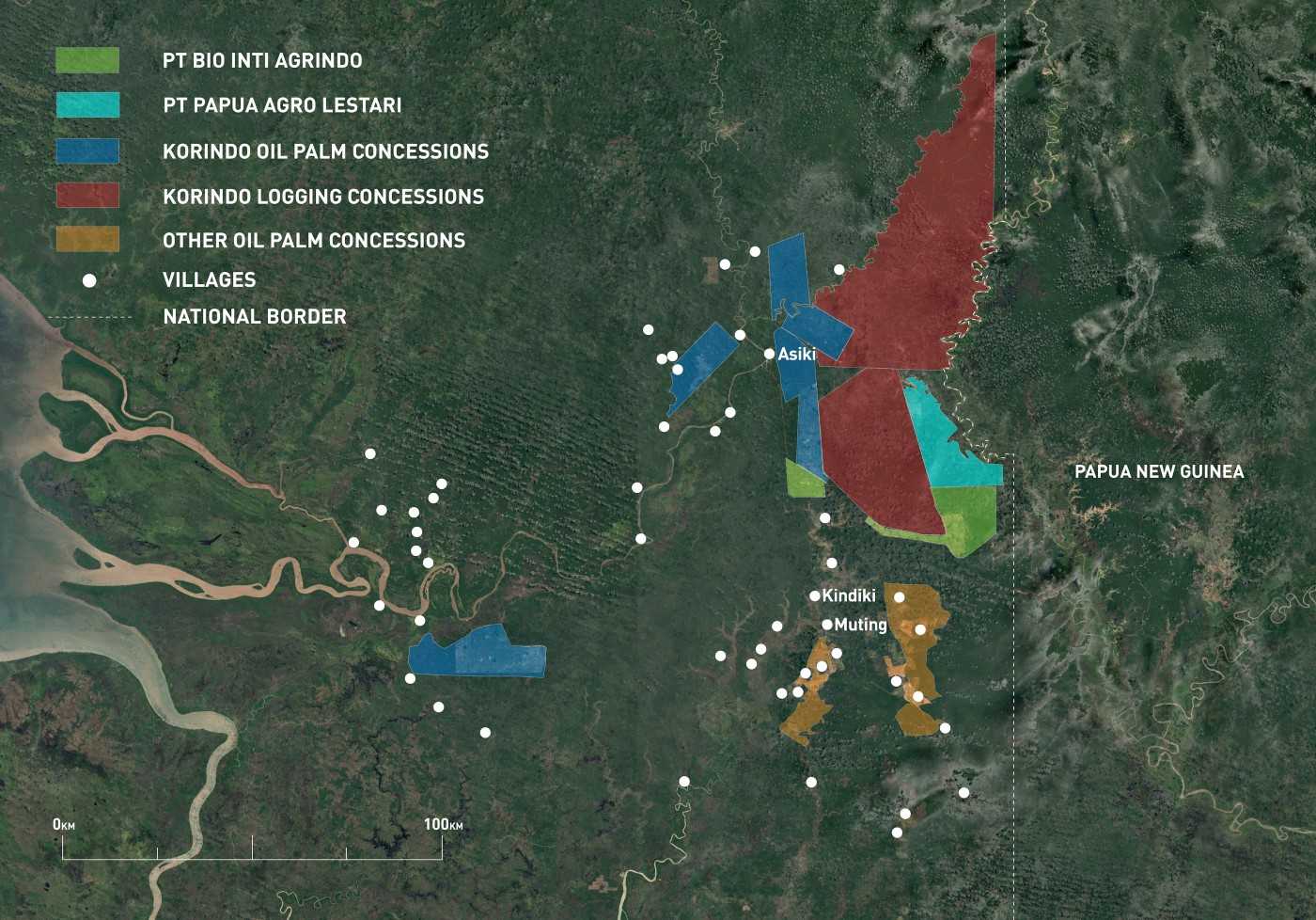 Map of logging and oil palm concessions controlled by Korindo, and other companies, in southern Papua.
