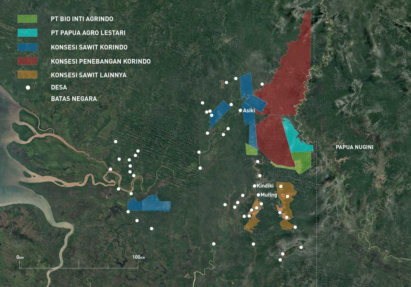 Bentangan perkebunan sawit, konsesi penebangan, dan permukiman penduduk yang menjadi kawasan yang dimiliki oleh Korindo Group dan konglomerasi lainnya di Merauke, Papua.