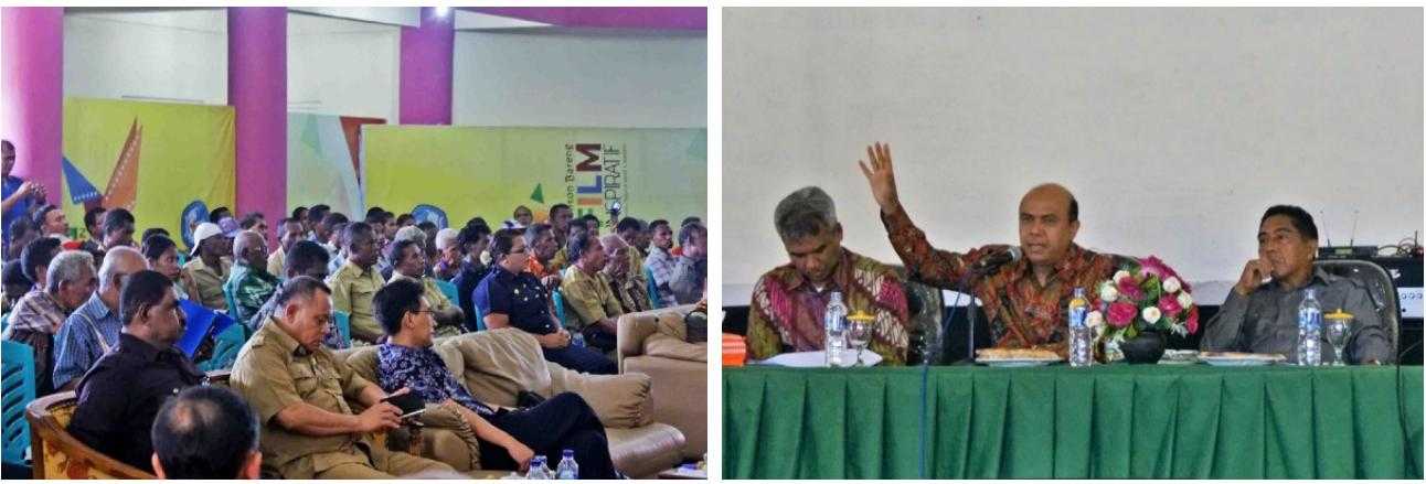 Left: Dessy Mulvidas, seated on the sofa wearing a blue shirt, sits with government officials at the meeting in Dobo. Right: Hafiz Arief, center, and Khatib, left, address the room.