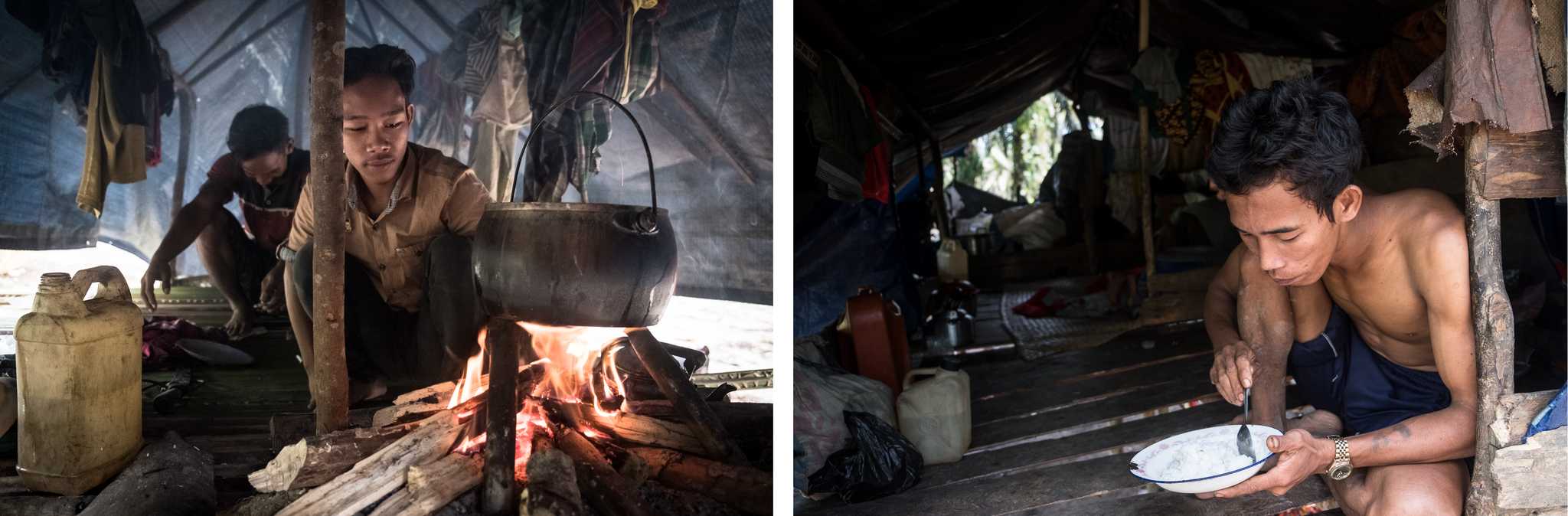 Sandra (left) cooks rice for his family in their hut. It is common for Suku Anak Dalam teenagers not to attend school. Mat Yadi (right) eats a lunch of rice and salt. By Nopri Ismi.