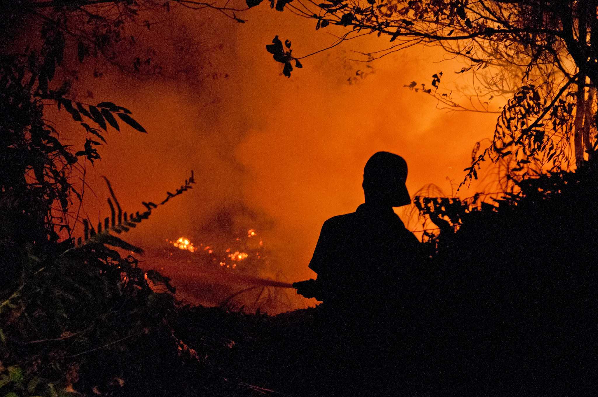 Petugas memadamkan api di lahan gambut yang terbakar, di luar kota Palangka Raya, Kalimantan Tengah, 2015. 