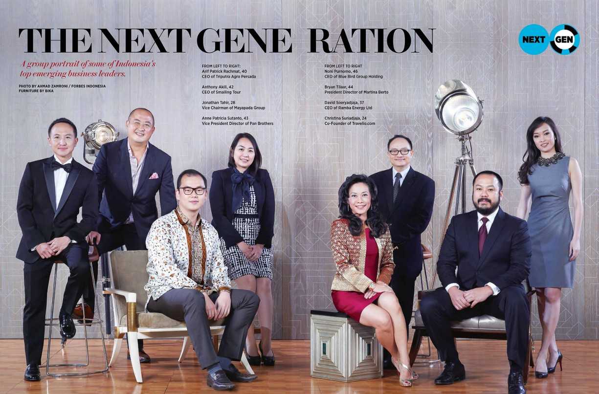 A Forbes magazine spread on Indonesia’s “top emerging business leaders”. Arif Rachmat is far left.